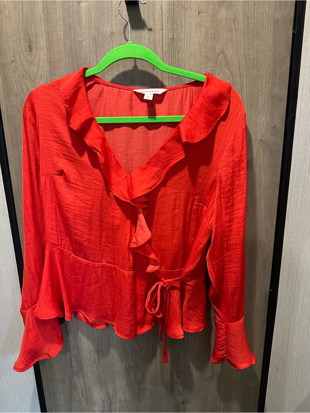 POPSUGAR Red Ruffle Wrap Blouse Tie Waist Bell Sleeve Size L